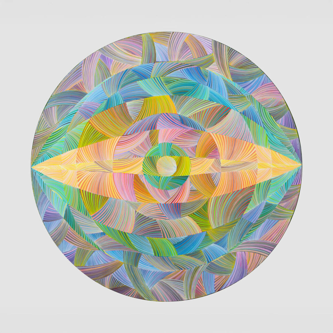 Naina Redhu, naina.co, contemporary art, abstract art, tondo, professional artist, round canvas, acrylics on canvas, synthetic polymer on canvas, original painting, Adelaide artist, Australia, Australian, 45, 90 cms diameter, khaosphilos, art by naina, signature style, 2025, eye, opening, third eye, chakra, awakening, waking up, transformation, Adelaide painter, contemporary artist