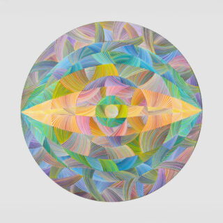 Naina Redhu, naina.co, contemporary art, abstract art, tondo, professional artist, round canvas, acrylics on canvas, synthetic polymer on canvas, original painting, Adelaide artist, Australia, Australian, 45, 90 cms diameter, khaosphilos, art by naina, signature style, 2025, eye, opening, third eye, chakra, awakening, waking up, transformation, Adelaide painter, contemporary artist