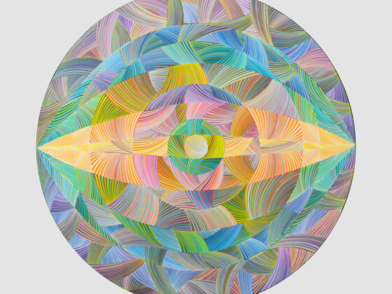 Naina Redhu, naina.co, contemporary art, abstract art, tondo, professional artist, round canvas, acrylics on canvas, synthetic polymer on canvas, original painting, Adelaide artist, Australia, Australian, 45, 90 cms diameter, khaosphilos, art by naina, signature style, 2025, eye, opening, third eye, chakra, awakening, waking up, transformation, Adelaide painter, contemporary artist