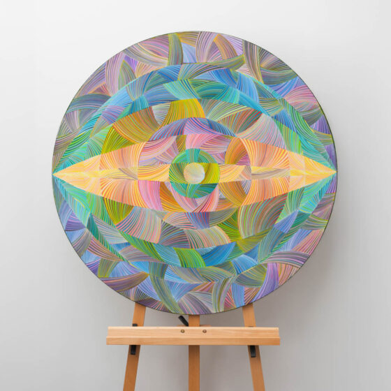 Naina Redhu, naina.co, contemporary art, abstract art, tondo, professional artist, round canvas, acrylics on canvas, synthetic polymer on canvas, original painting, Adelaide artist, Australia, Australian, 45, 90 cms diameter, khaosphilos, art by naina, signature style, 2025, eye, opening, third eye, chakra, awakening, waking up, transformation, Adelaide painter, contemporary artist