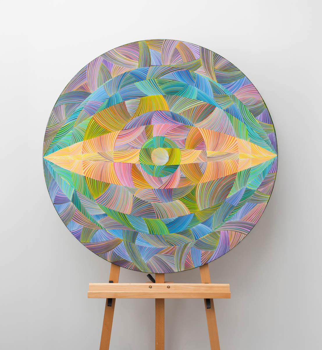 Naina Redhu, naina.co, contemporary art, abstract art, tondo, professional artist, round canvas, acrylics on canvas, synthetic polymer on canvas, original painting, Adelaide artist, Australia, Australian, 45, 90 cms diameter, khaosphilos, art by naina, signature style, 2025, eye, opening, third eye, chakra, awakening, waking up, transformation, Adelaide painter, contemporary artist