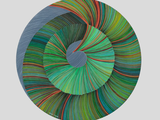 Naina Redhu, naina.co, contemporary art, abstract art, tondo, professional artist, round canvas, acrylics on canvas, synthetic polymer on canvas, original painting, Adelaide artist, Australia, Australian, Bite-Me, 16 inches diameter, khaosphilos, art by naina, signature style, 2025, ouroboros, cyclical, green, snake, awakening, waking up, transformation, Adelaide painter, contemporary artist