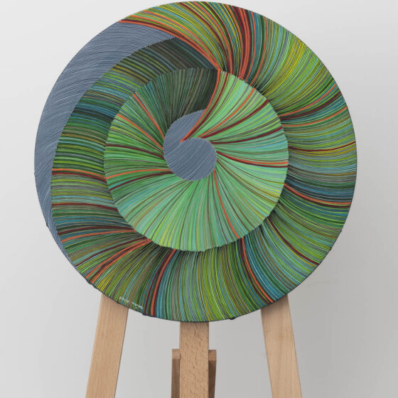 Naina Redhu, naina.co, contemporary art, abstract art, tondo, professional artist, round canvas, acrylics on canvas, synthetic polymer on canvas, original painting, Adelaide artist, Australia, Australian, Bite-Me, 16 inches diameter, khaosphilos, art by naina, signature style, 2025, ouroboros, cyclical, green, snake, awakening, waking up, transformation, Adelaide painter, contemporary artist