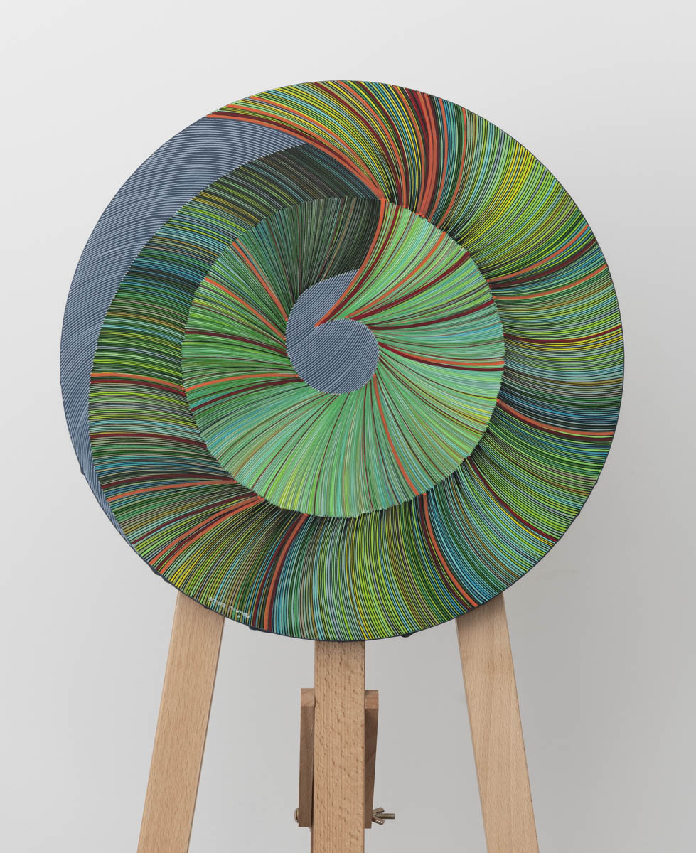 Naina Redhu, naina.co, contemporary art, abstract art, tondo, professional artist, round canvas, acrylics on canvas, synthetic polymer on canvas, original painting, Adelaide artist, Australia, Australian, Bite-Me, 16 inches diameter, khaosphilos, art by naina, signature style, 2025, ouroboros, cyclical, green, snake, awakening, waking up, transformation, Adelaide painter, contemporary artist