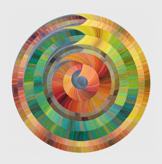 Naina Redhu, naina.co, contemporary art, abstract art, tondo, professional artist, round canvas, acrylics on canvas, synthetic polymer on canvas, original painting, Adelaide artist, Australia, Australian, system of becoming, 90 cms diameter, khaosphilos, art by naina, signature style, 2025, ouroboros, green, yellow, ochre, ourobori, snake eating its tail, rebirth, transformation, Adelaide painter, contemporary artist