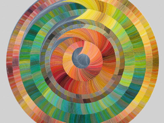 Naina Redhu, naina.co, contemporary art, abstract art, tondo, professional artist, round canvas, acrylics on canvas, synthetic polymer on canvas, original painting, Adelaide artist, Australia, Australian, system of becoming, 90 cms diameter, khaosphilos, art by naina, signature style, 2025, ouroboros, green, yellow, ochre, ourobori, snake eating its tail, rebirth, transformation, Adelaide painter, contemporary artist