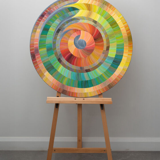 Naina Redhu, naina.co, contemporary art, abstract art, tondo, professional artist, round canvas, acrylics on canvas, synthetic polymer on canvas, original painting, Adelaide artist, Australia, Australian, system of becoming, 90 cms diameter, khaosphilos, art by naina, signature style, 2025, ouroboros, green, yellow, ochre, ourobori, snake eating its tail, rebirth, transformation, Adelaide painter, contemporary artist