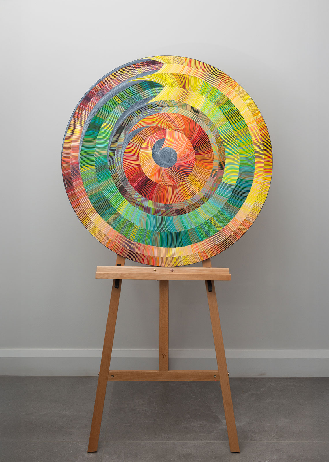 Naina Redhu, naina.co, contemporary art, abstract art, tondo, professional artist, round canvas, acrylics on canvas, synthetic polymer on canvas, original painting, Adelaide artist, Australia, Australian, system of becoming, 90 cms diameter, khaosphilos, art by naina, signature style, 2025, ouroboros, green, yellow, ochre, ourobori, snake eating its tail, rebirth, transformation, Adelaide painter, contemporary artist