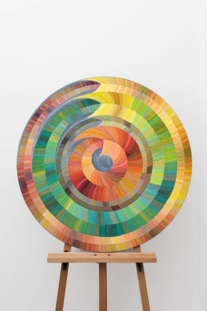 Naina Redhu, naina.co, contemporary art, abstract art, tondo, professional artist, round canvas, acrylics on canvas, synthetic polymer on canvas, original painting, Adelaide artist, Australia, Australian, system of becoming, 90 cms diameter, khaosphilos, art by naina, signature style, 2025, ouroboros, green, yellow, ochre, ourobori, snake eating its tail, rebirth, transformation, Adelaide painter, contemporary artist