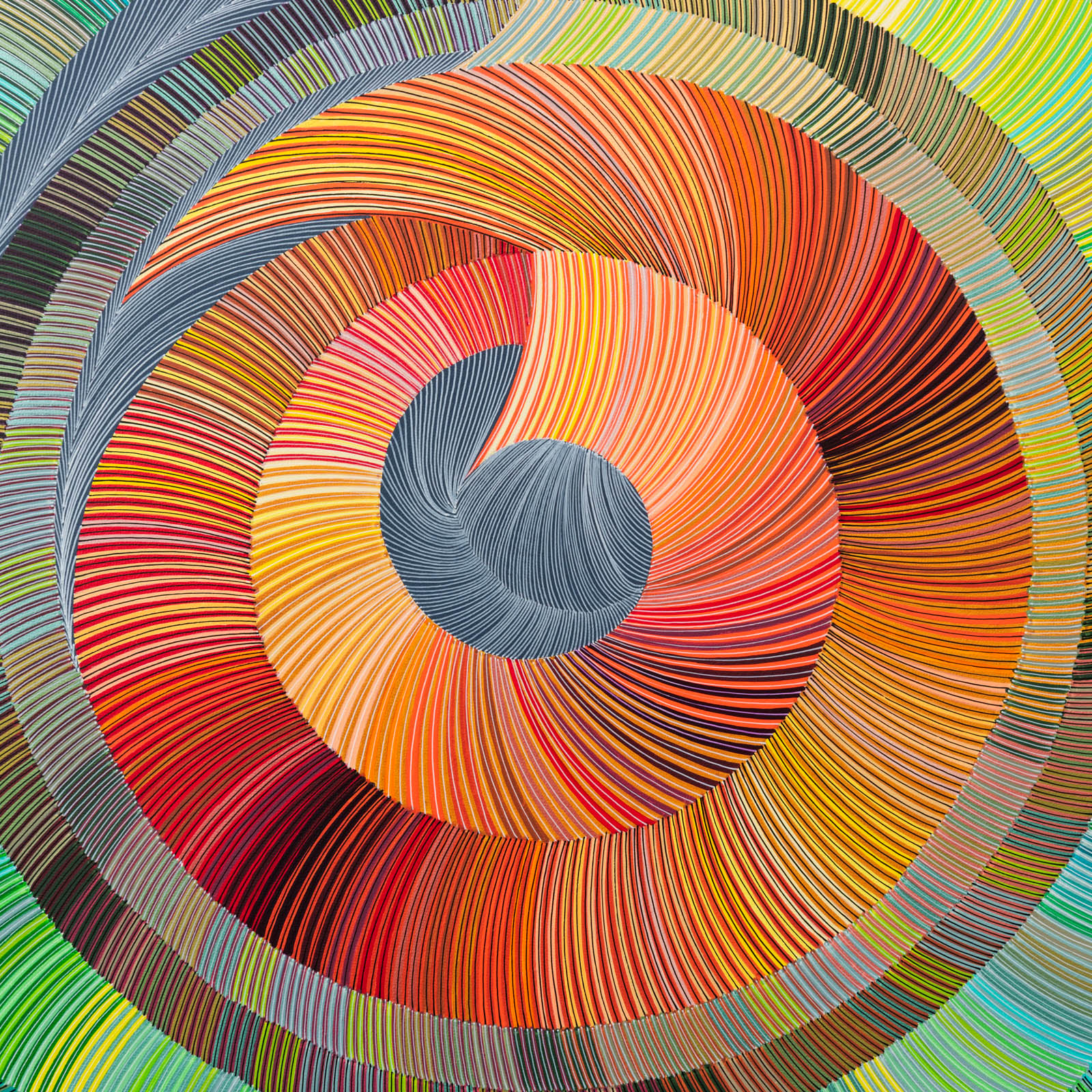 Naina Redhu, naina.co, contemporary art, abstract art, tondo, professional artist, round canvas, acrylics on canvas, synthetic polymer on canvas, original painting, Adelaide artist, Australia, Australian, system of becoming, 90 cms diameter, khaosphilos, art by naina, signature style, 2025, ouroboros, green, yellow, ochre, ourobori, snake eating its tail, rebirth, transformation, Adelaide painter, contemporary artist