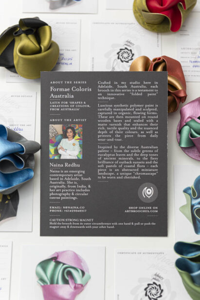 naina redhu, naina.co, Adelaide Contemporary Artist, wearable art brooches, contemporary jewellery, contemporary brooch, micro landscapes of australia, form, colour, folded, art series, brooch series, wear a painting, wear a sculpture, Adelaide photographer, south Australia, art photographer, art writer, art blogger, Adelaide art influencer, lifestyle photographer, contemporary artist, emerging artist, photos for social media, photographer, writer, experience collector, blogger, photographer, professional photographer, Australian, south Australian, female artist, tide, coral, outback, formal accessories, art accessories, collectibles, objets d'art, one-of-a-kind, hand made, made in Australia, khaosphilos, shop brooches, art gallery of south Australia, gallery shop, gallery store, agsa, north terrace