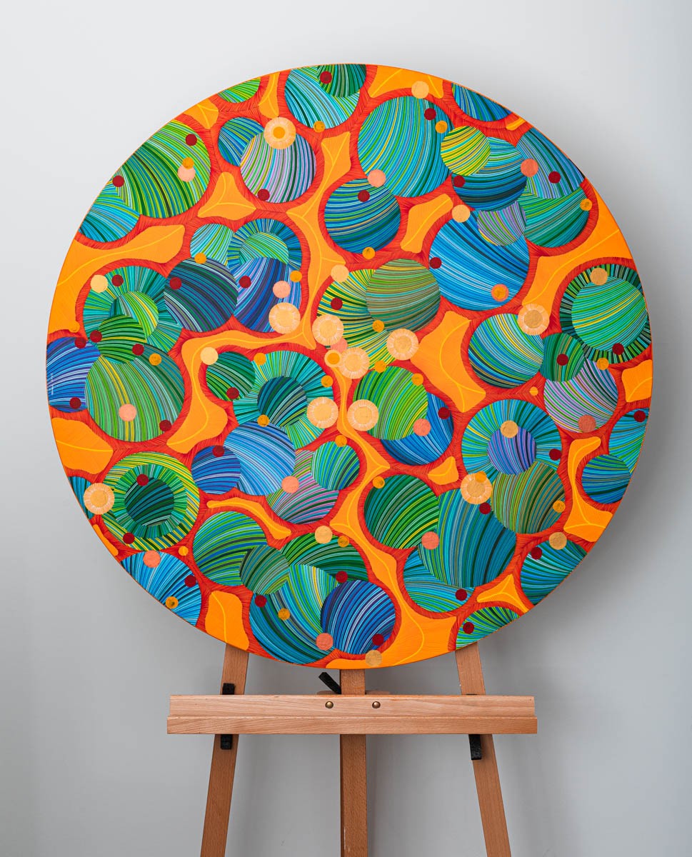 Naina Redhu, naina.co, contemporary art, abstract art, tondo, professional artist, round canvas, acrylics on canvas, synthetic polymer on canvas, original painting, Adelaide artist, Australia, Australian, Marriage, 90 cms diameter, khaosphilos, art by naina, signature style, 2025, coming together, masculine, feminine, energies, energy, synergy, souls, connecting, melding, Adelaide painter, contemporary artist