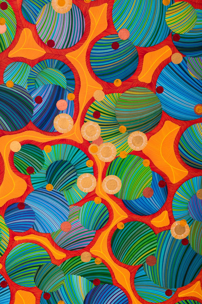 Naina Redhu, naina.co, contemporary art, abstract art, tondo, professional artist, round canvas, acrylics on canvas, synthetic polymer on canvas, original painting, Adelaide artist, Australia, Australian, Marriage, 90 cms diameter, khaosphilos, art by naina, signature style, 2025, coming together, masculine, feminine, energies, energy, synergy, souls, connecting, melding, Adelaide painter, contemporary artist