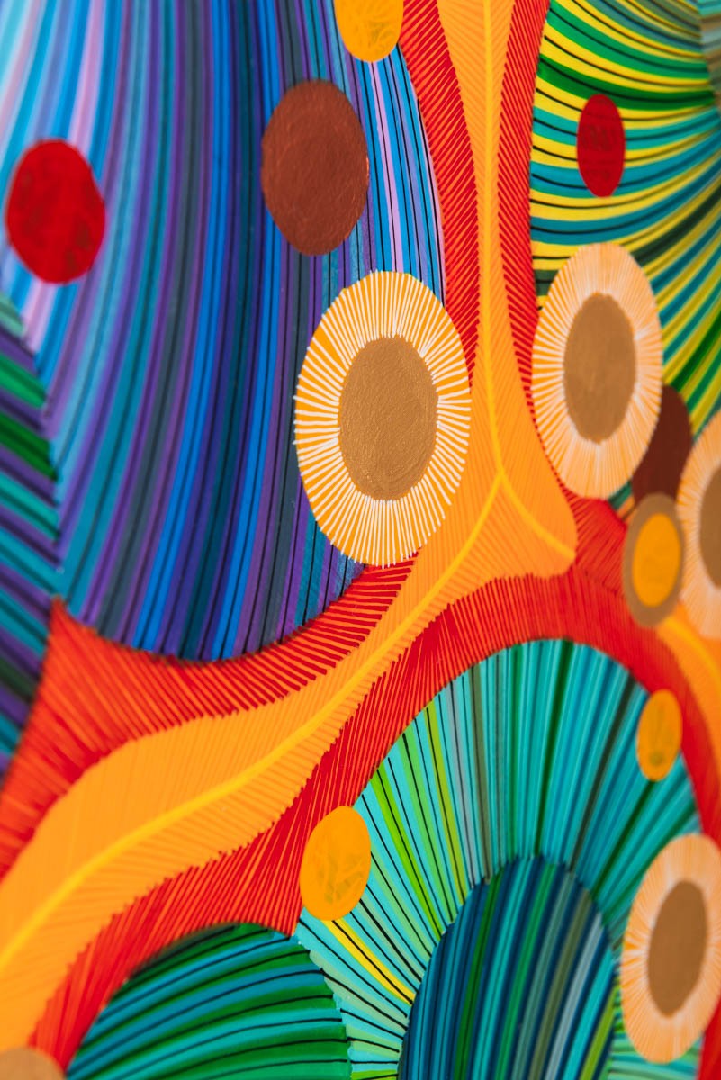 Naina Redhu, naina.co, contemporary art, abstract art, tondo, professional artist, round canvas, acrylics on canvas, synthetic polymer on canvas, original painting, Adelaide artist, Australia, Australian, Marriage, 90 cms diameter, khaosphilos, art by naina, signature style, 2025, coming together, masculine, feminine, energies, energy, synergy, souls, connecting, melding, Adelaide painter, contemporary artist