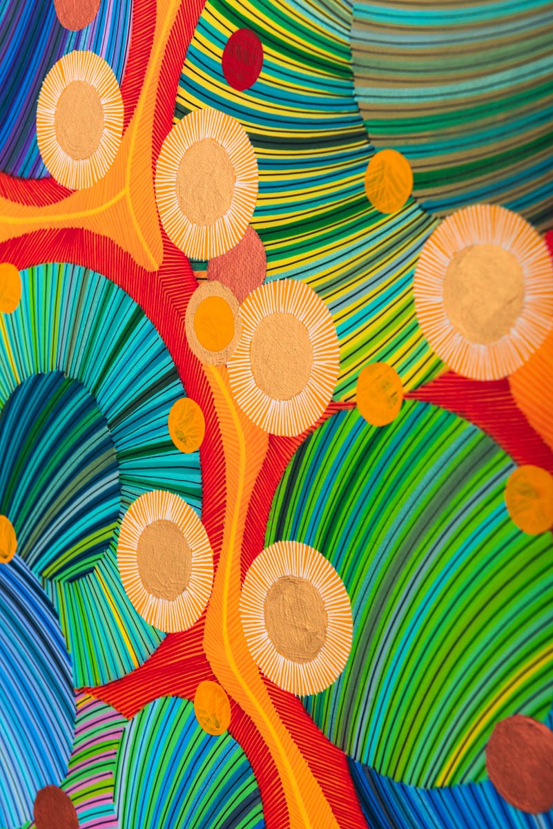 Naina Redhu, naina.co, contemporary art, abstract art, tondo, professional artist, round canvas, acrylics on canvas, synthetic polymer on canvas, original painting, Adelaide artist, Australia, Australian, Marriage, 90 cms diameter, khaosphilos, art by naina, signature style, 2025, coming together, masculine, feminine, energies, energy, synergy, souls, connecting, melding, Adelaide painter, contemporary artist