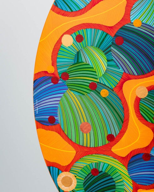 Naina Redhu, naina.co, contemporary art, abstract art, tondo, professional artist, round canvas, acrylics on canvas, synthetic polymer on canvas, original painting, Adelaide artist, Australia, Australian, Marriage, 90 cms diameter, khaosphilos, art by naina, signature style, 2025, coming together, masculine, feminine, energies, energy, synergy, souls, connecting, melding, Adelaide painter, contemporary artist