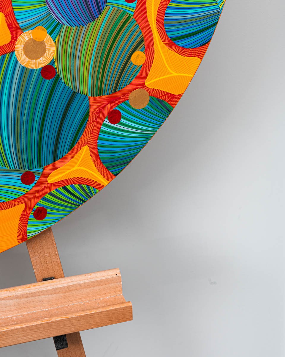 Naina Redhu, naina.co, contemporary art, abstract art, tondo, professional artist, round canvas, acrylics on canvas, synthetic polymer on canvas, original painting, Adelaide artist, Australia, Australian, Marriage, 90 cms diameter, khaosphilos, art by naina, signature style, 2025, coming together, masculine, feminine, energies, energy, synergy, souls, connecting, melding, Adelaide painter, contemporary artist