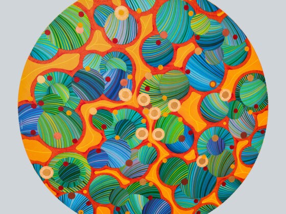 Naina Redhu, naina.co, contemporary art, abstract art, tondo, professional artist, round canvas, acrylics on canvas, synthetic polymer on canvas, original painting, Adelaide artist, Australia, Australian, Marriage, 90 cms diameter, khaosphilos, art by naina, signature style, 2025, coming together, masculine, feminine, energies, energy, synergy, souls, connecting, melding, Adelaide painter, contemporary artist