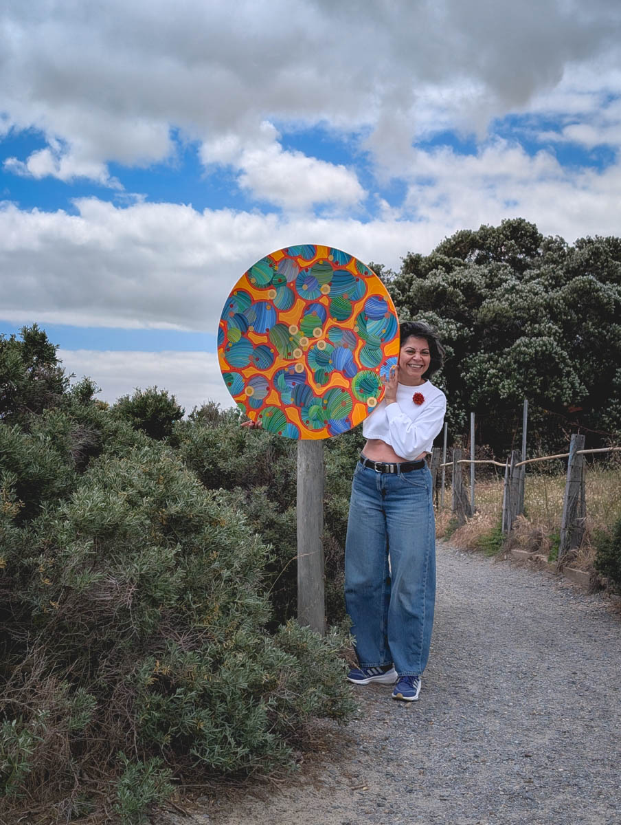 Naina Redhu, naina.co, contemporary art, abstract art, tondo, professional artist, round canvas, acrylics on canvas, synthetic polymer on canvas, original painting, Adelaide artist, Australia, Australian, Marriage, 90 cms diameter, khaosphilos, art by naina, signature style, 2025, coming together, masculine, feminine, energies, energy, synergy, souls, connecting, melding, Adelaide painter, contemporary artist