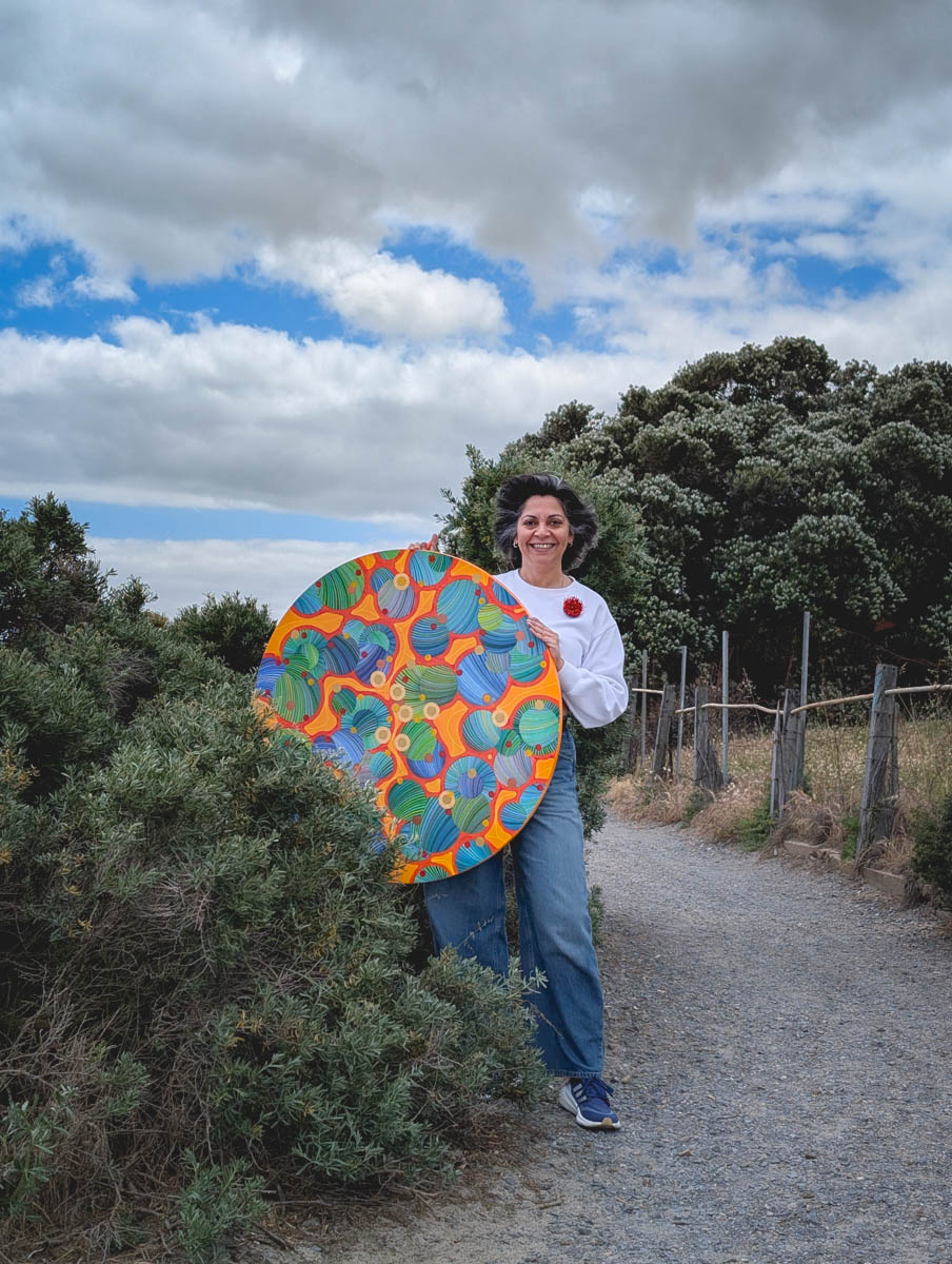 Naina Redhu, naina.co, contemporary art, abstract art, tondo, professional artist, round canvas, acrylics on canvas, synthetic polymer on canvas, original painting, Adelaide artist, Australia, Australian, Marriage, 90 cms diameter, khaosphilos, art by naina, signature style, 2025, coming together, masculine, feminine, energies, energy, synergy, souls, connecting, melding, Adelaide painter, contemporary artist
