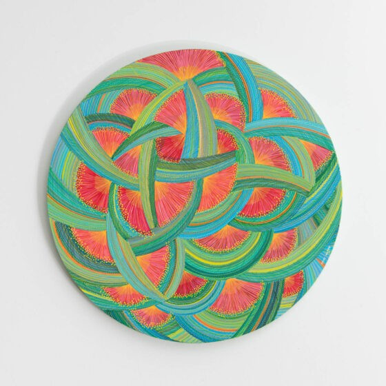 Red Gum Flowers, 2026. Synthetic polymer paint on canvas. 16 inches diameter.